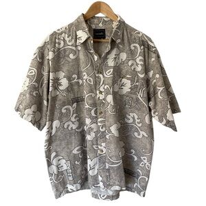 Casual Hawaiian Button Up Shirt Mens L Grey Floral Short Sleeve Cotton Beach GUC
